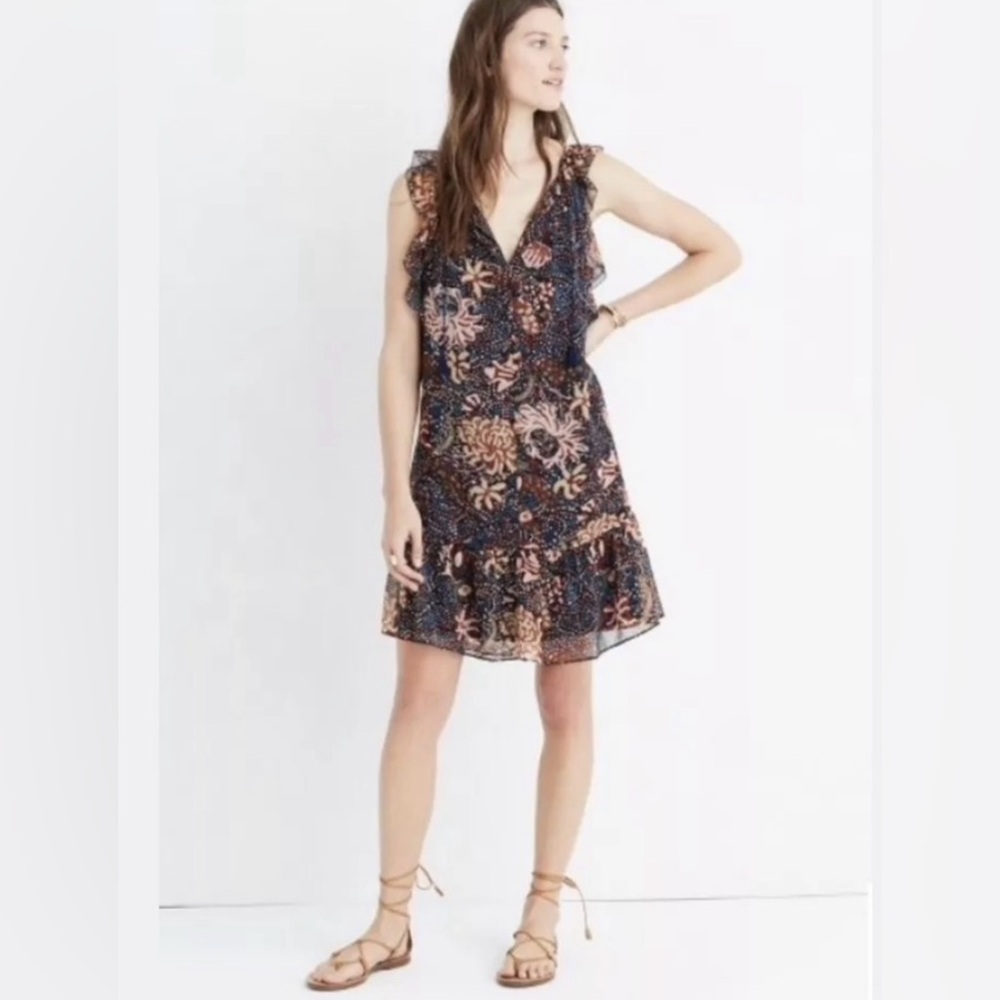 Madewell Floral Ruffle Mini Dress in Navy and Brown